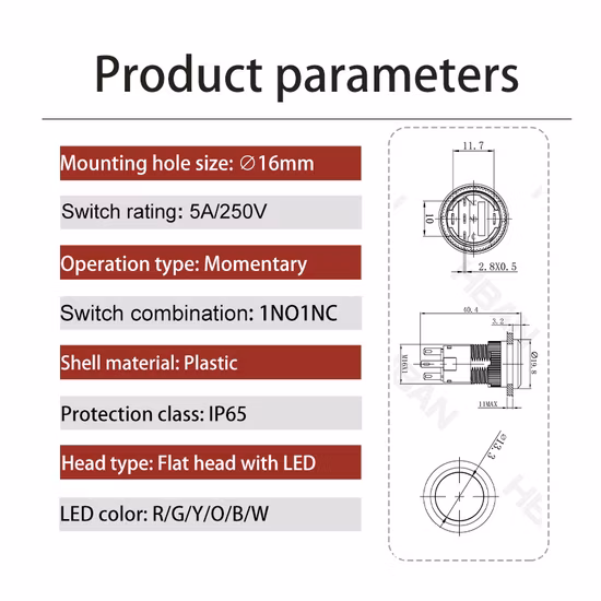 12V 및 조명이 포함된 16mm 파란색 LED 조명 플라스틱 푸시 버튼